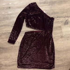 Express Dark Red Asymmetrical Sequin Dress